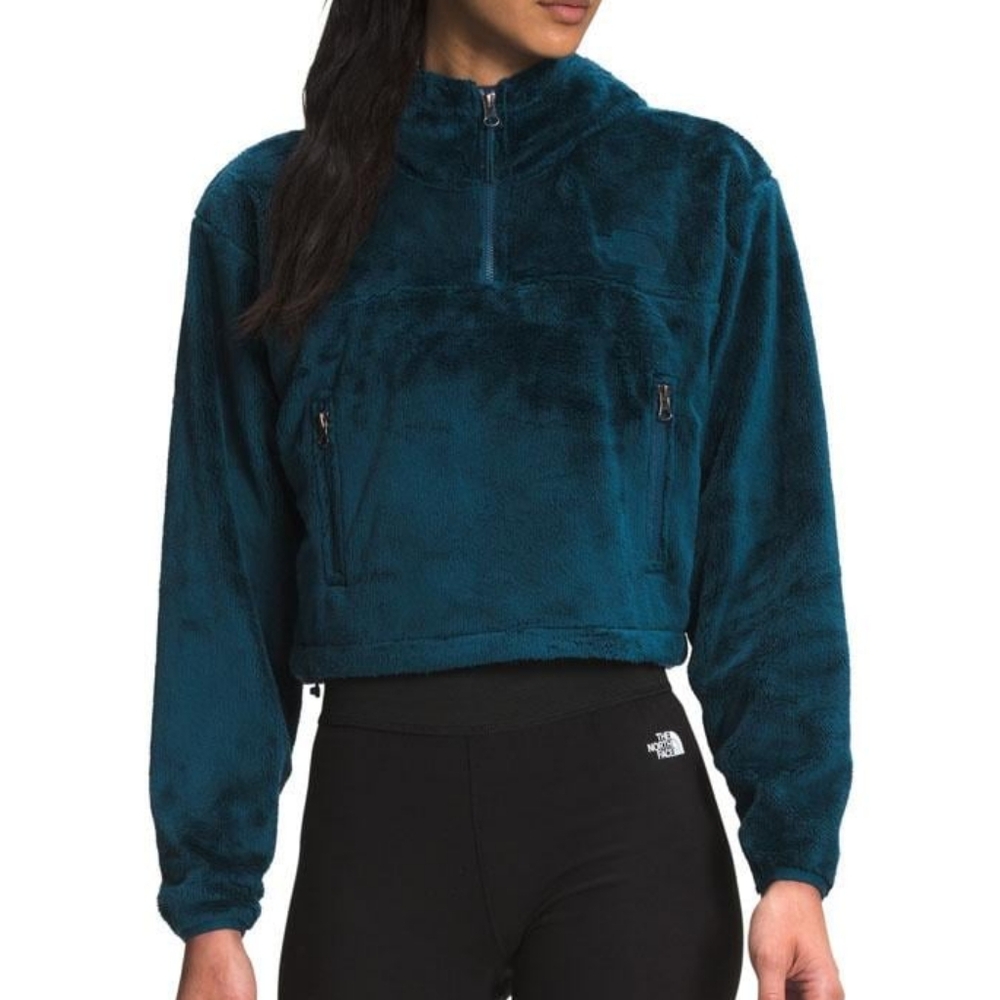 North Face Womens Blue Teddy Osito Fleece Cropped Hoodie 1/4 Quarter Zip